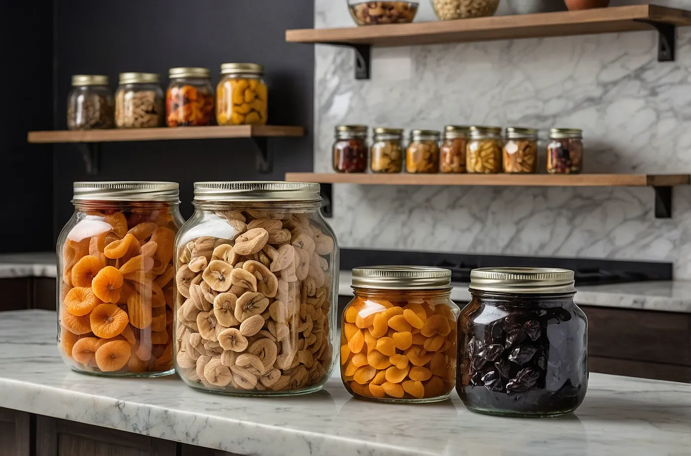 A variety of snacks arranged in mason jars.