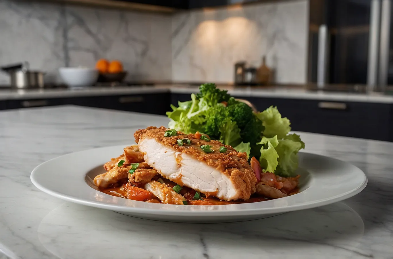 Chicken strip, tender and golden with classic flavor.