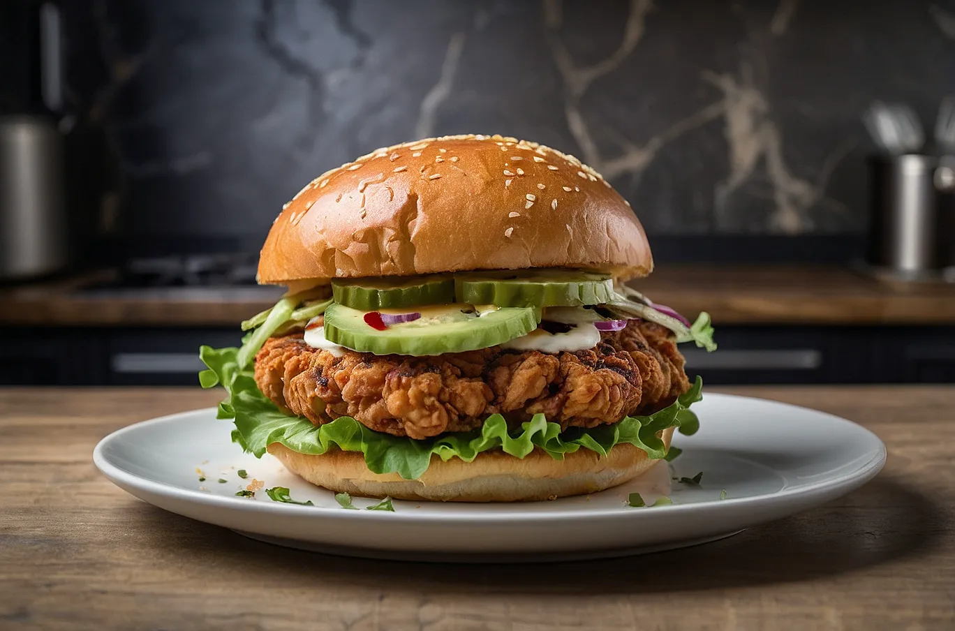 Crispy fried chicken sandwich with fresh toppings on a soft bun.
