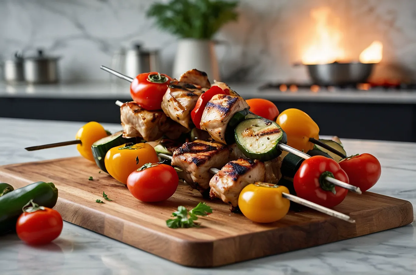 Tender chicken, bell peppers, cherry tomatoes, and zucchini grilled on skewers.