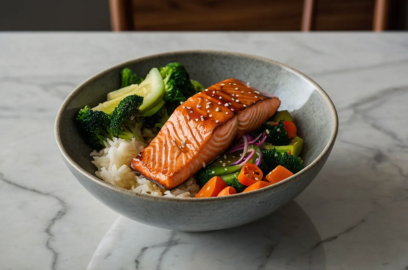 Salmon served with fresh veggies in a flavorful, balanced bowl.