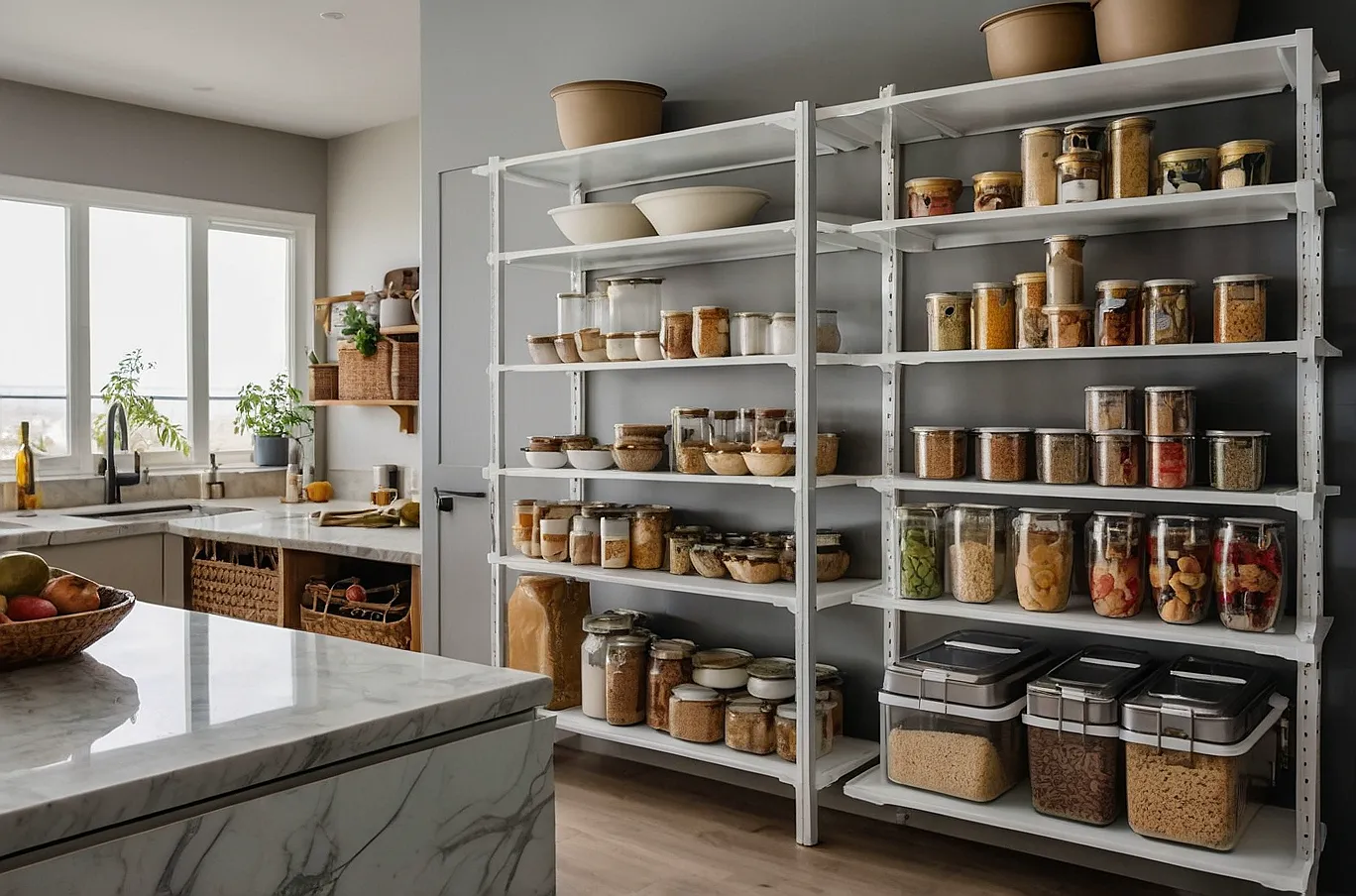 Shelfs stocked with canned goods, packaged foods, and containers for organized storage.