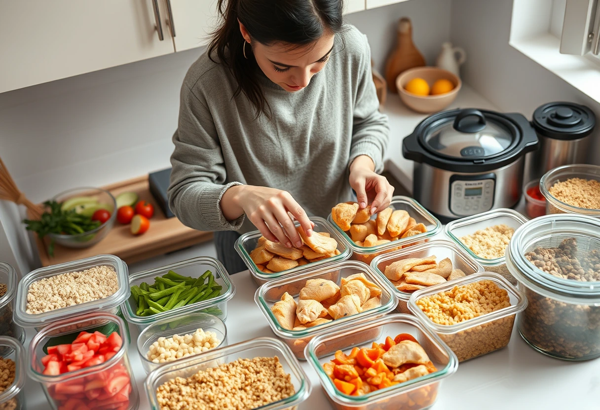 A young busy mother efficiently meal prepping various containers of affordable and quick family meals for busy nights in a bright, modern kitchen.