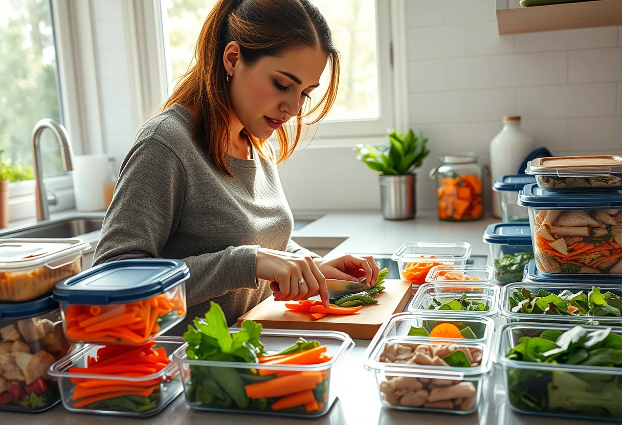 A busy young mother efficiently meal prepping on her kitchen counter, surrounded by containers of ready-to-assemble meals and fresh ingredients. Focus on streamlined kitchen routines.
