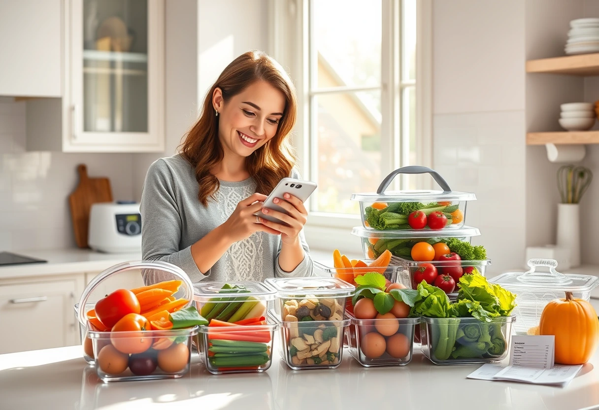 A busy mom smiling while meal prepping various ingredients for affordable healthy dinners for busy families in a clean, organized kitchen.