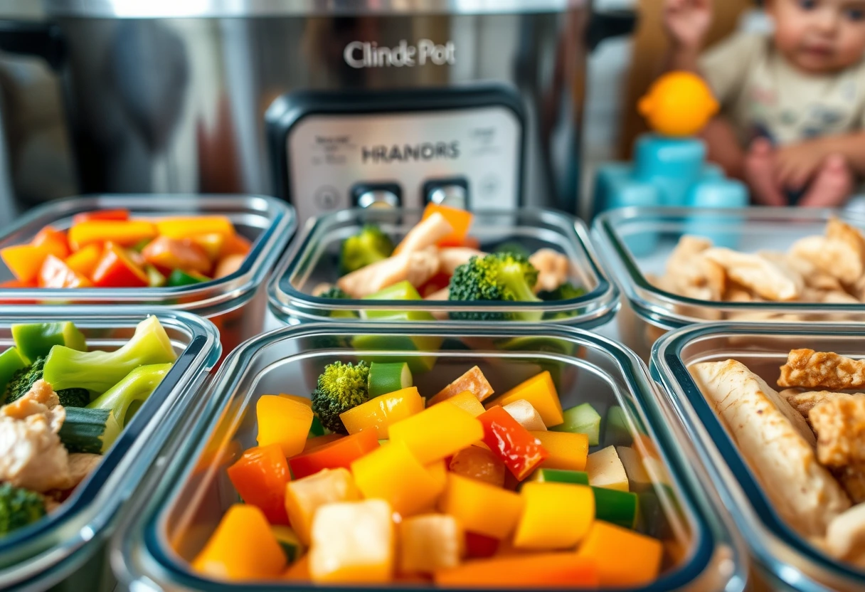 A parent quickly preparing affordable healthy dinners for a busy family, using pre-chopped vegetables and a slow cooker in a well-lit kitchen.
