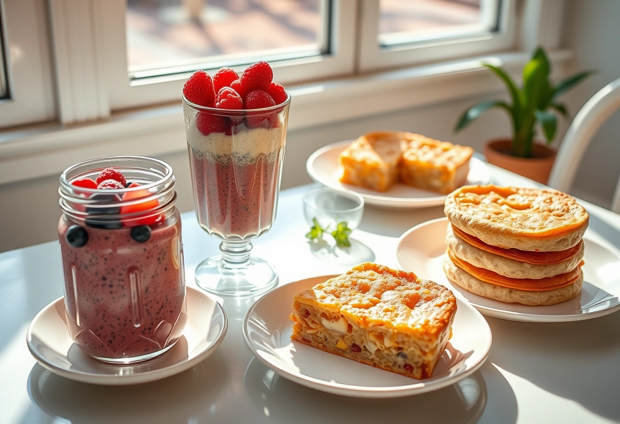 A bright, inviting table set with various easy brunch recipes you can whip up quickly, including fresh fruit, pastries, and a simple egg dish, perfect for busy moms.