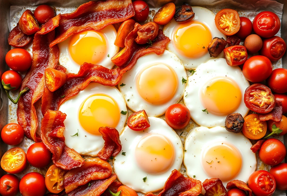 A delicious and quick sheet pan breakfast bake with eggs, sausage, and colorful vegetables, highlighting easy brunch recipes for speedy preparation.