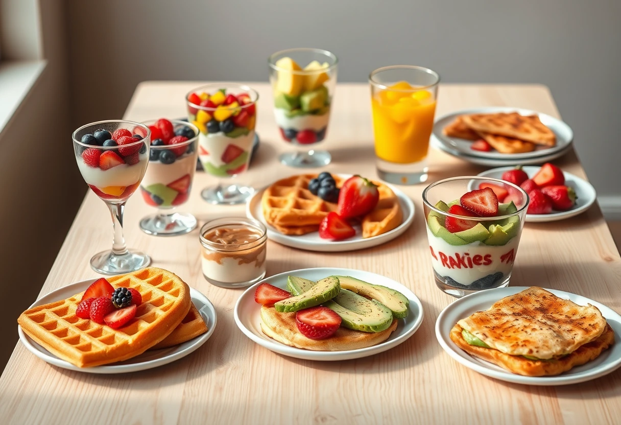 A vibrant, quick-prep brunch spread featuring colorful fruit parfaits, crispy bacon, and fluffy pancakes, showcasing delightful brunch recipes you can make quickly.