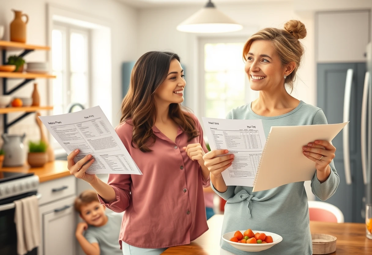 A busy mom confidently holds a meal plan and grocery list, smiling at her happy children gathered around a kitchen table, symbolizing streamlined family dinners that are budget-friendly.