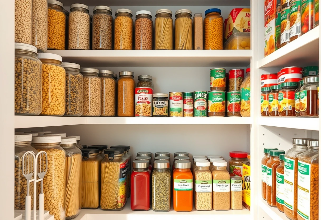 A well-organized pantry features rows of diverse budget-friendly pantry staples, including various dried beans, pasta, canned tomatoes, and spices, indicating readiness for economical family dinners.