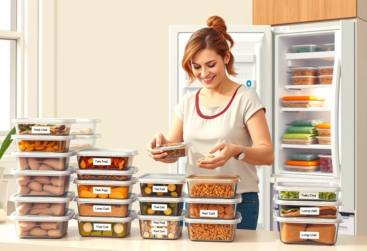 A busy mom is seen organizing pre-made, budget-friendly family dinners into freezer-safe containers, with labels indicating the meal and date, ready for future quick weeknight meals.