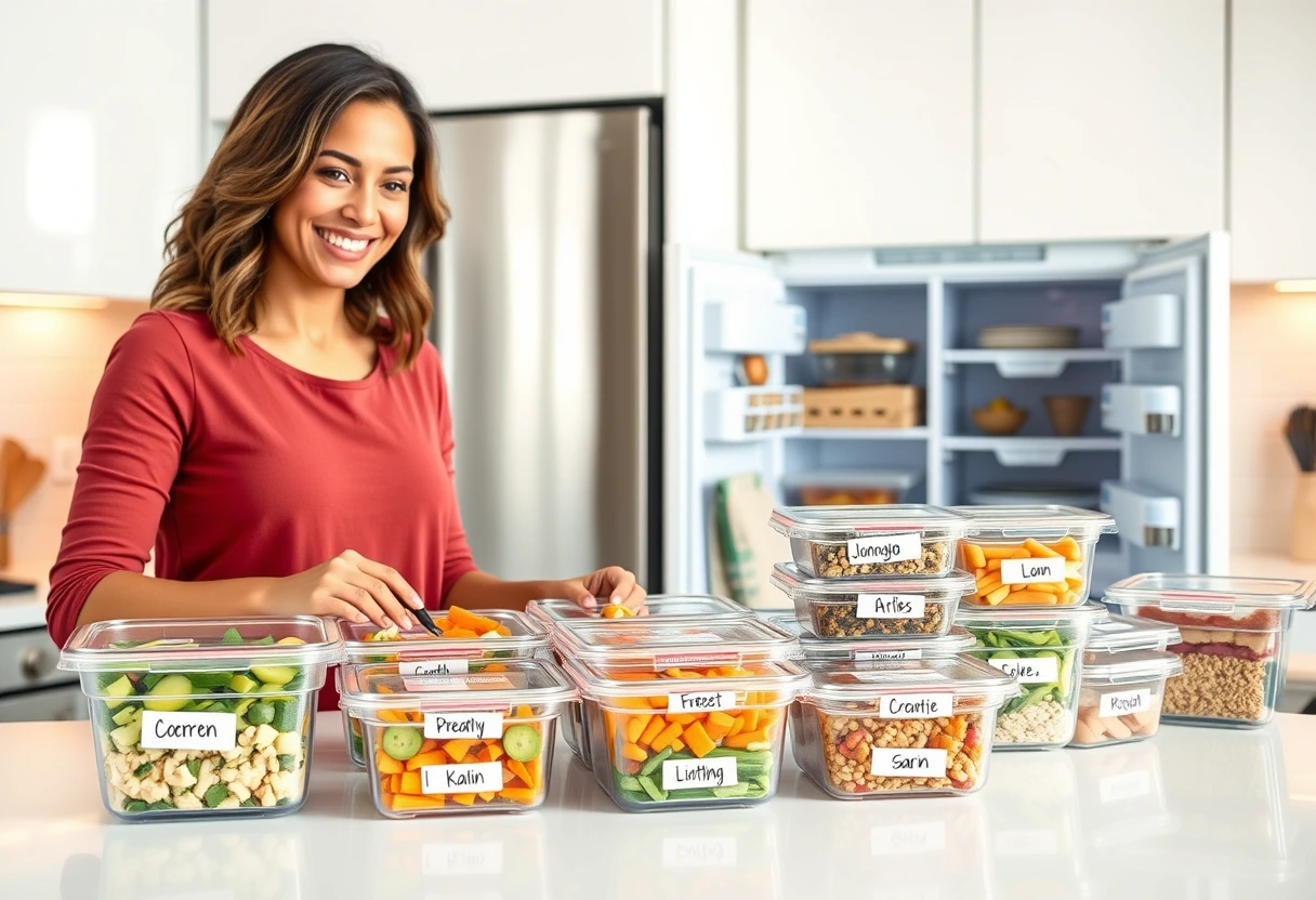 A busy mom expertly organizing prepped meals into freezer-safe containers, labeled for quick identification. The kitchen counter is tidy, showcasing a variety of healthy, budget-friendly meal components ready for freezing, reflecting efficient meal prep for busy moms.