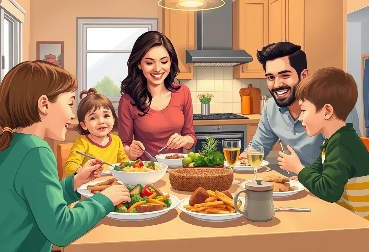 A busy mom serving a vibrant, healthy, and quick weeknight dinner to her family in a cozy kitchen setting. The meal looks appealing and freshly made, demonstrating that nutritious and budget-friendly healthy recipes busy moms love can be prepared efficiently.