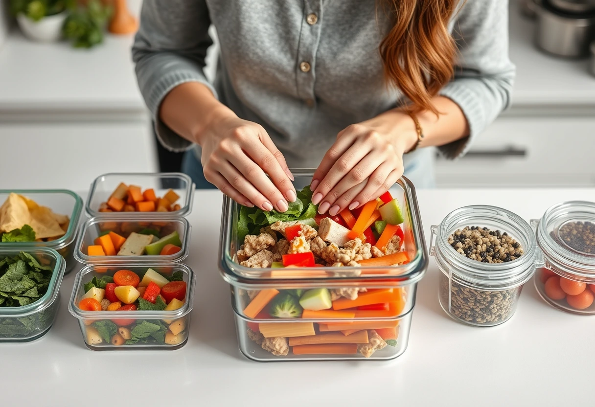 A busy mom quickly assembling a healthy lunch from pre-prepped ingredients on a kitchen counter, showcasing a variety of busy mom-friendly lunch recipes