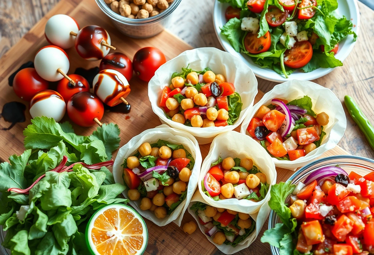 Colorful no-cook busy mom-friendly lunch recipes like Caprese skewers and chickpea salad wraps arranged beautifully on a rustic wooden table, ideal for quick meal prep