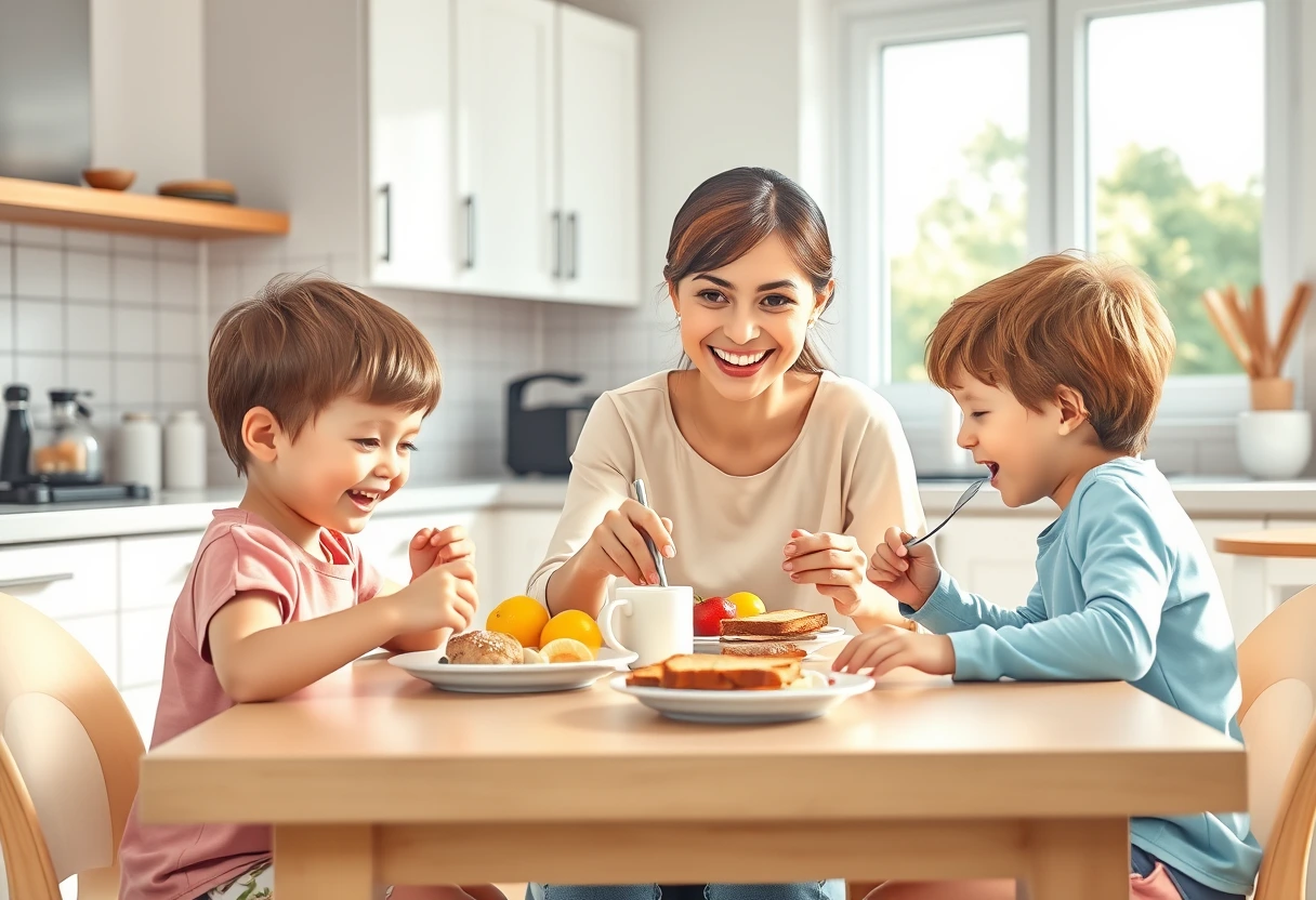 A busy mom serving a healthy breakfast to her two smiling children at a brightly lit kitchen table, illustrating busy mom breakfast ideas for kids.