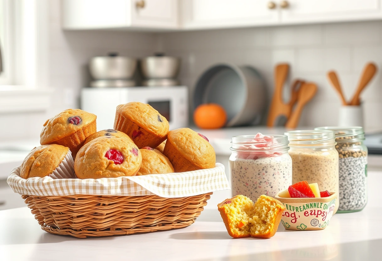 A variety of healthy, kid-friendly make-ahead breakfast items like muffins, fruit, and yogurt cups on a kitchen counter, showcasing delicious busy mom breakfast ideas for kids.