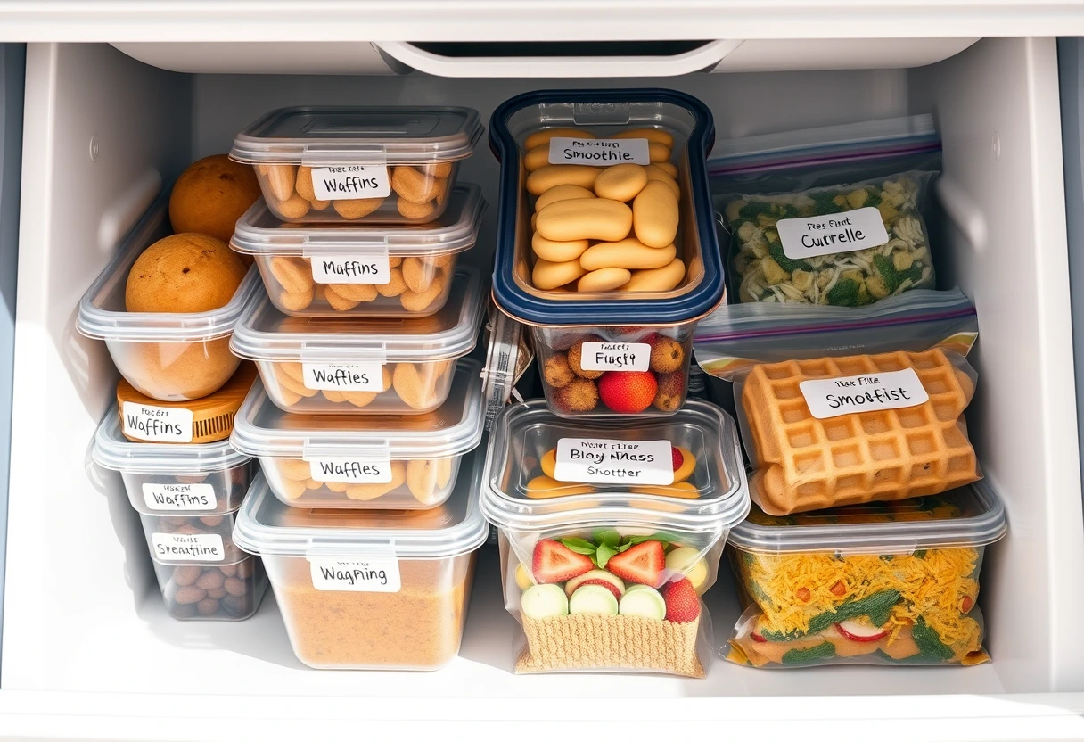 A well-organized freezer drawer filled with labeled containers of prepped breakfast items like muffins, waffles, and smoothie packs, representing efficient busy mom breakfast ideas for kids.
