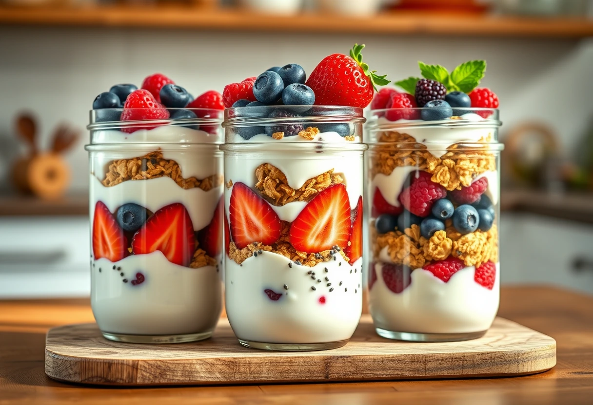 A collection of colorful and healthy yogurt parfaits in glass jars, showcasing convenient grab-and-go mom breakfasts.