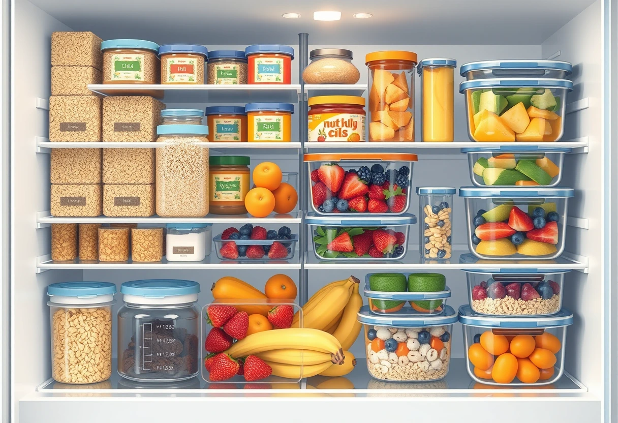 A well-organized pantry and fridge stocked with healthy breakfast ingredients, highlighting the efficiency of meal prepping for busy mothers.