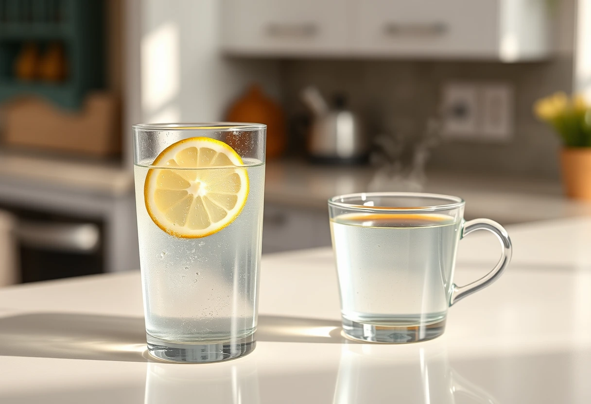 A refreshing glass of water with lemon and a cup of coffee on a kitchen counter, emphasizing the importance of hydration for busy moms.