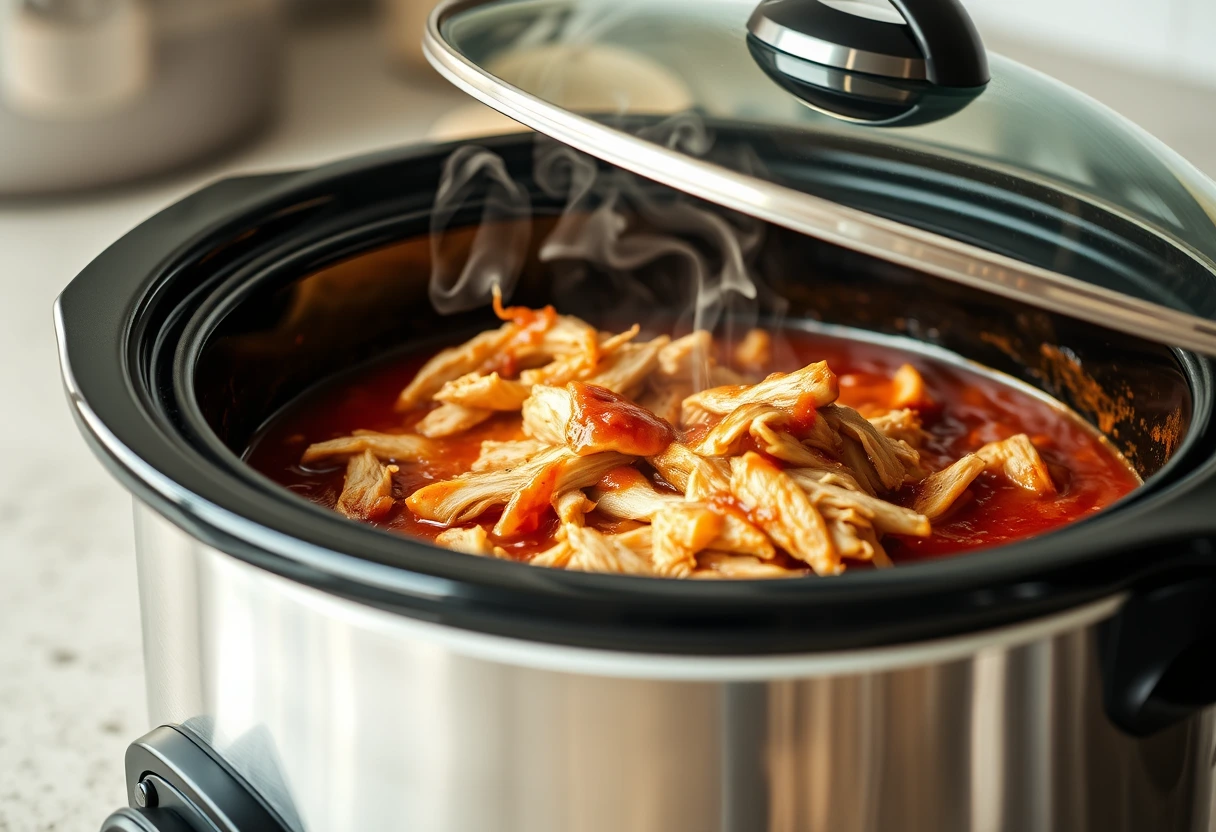 Slow cooker filled with shredded chicken and sauce, ready to be served. A busy mom's best chicken dishes for weeknight dinners come alive with minimal effort.