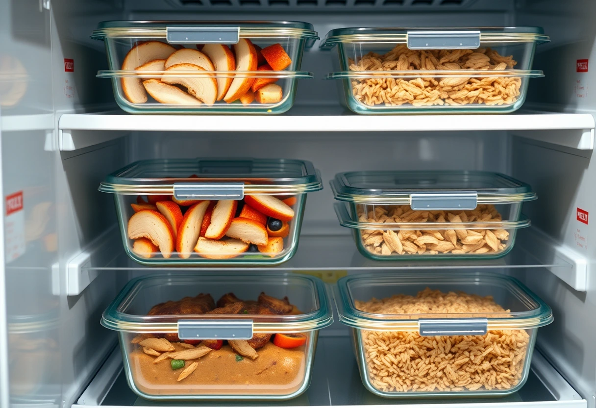 Containers of prepped chicken meals, neatly arranged in a fridge. Ready-to-eat busy mom's best chicken dishes for weeknight dinners.