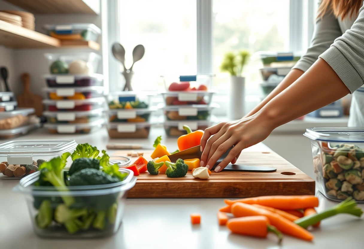 A busy mom preps healthy ingredients for easy dinner recipes for kids in her kitchen, surrounded by colorful vegetables and meal prep containers.