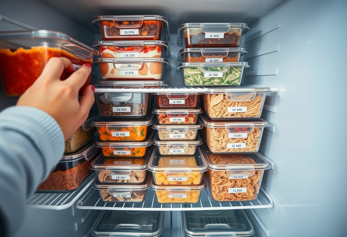 A busy mom organizes neatly stacked meal prep containers with healthy, easy dinner recipes for kids in a freezer, showing effective meal prep strategies for parents.