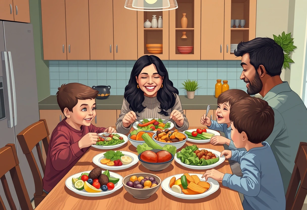 A family enjoying a delicious, home-cooked meal together at a table, highlighting the benefits of time-saving recipes and affordable dinner ideas for busy moms.