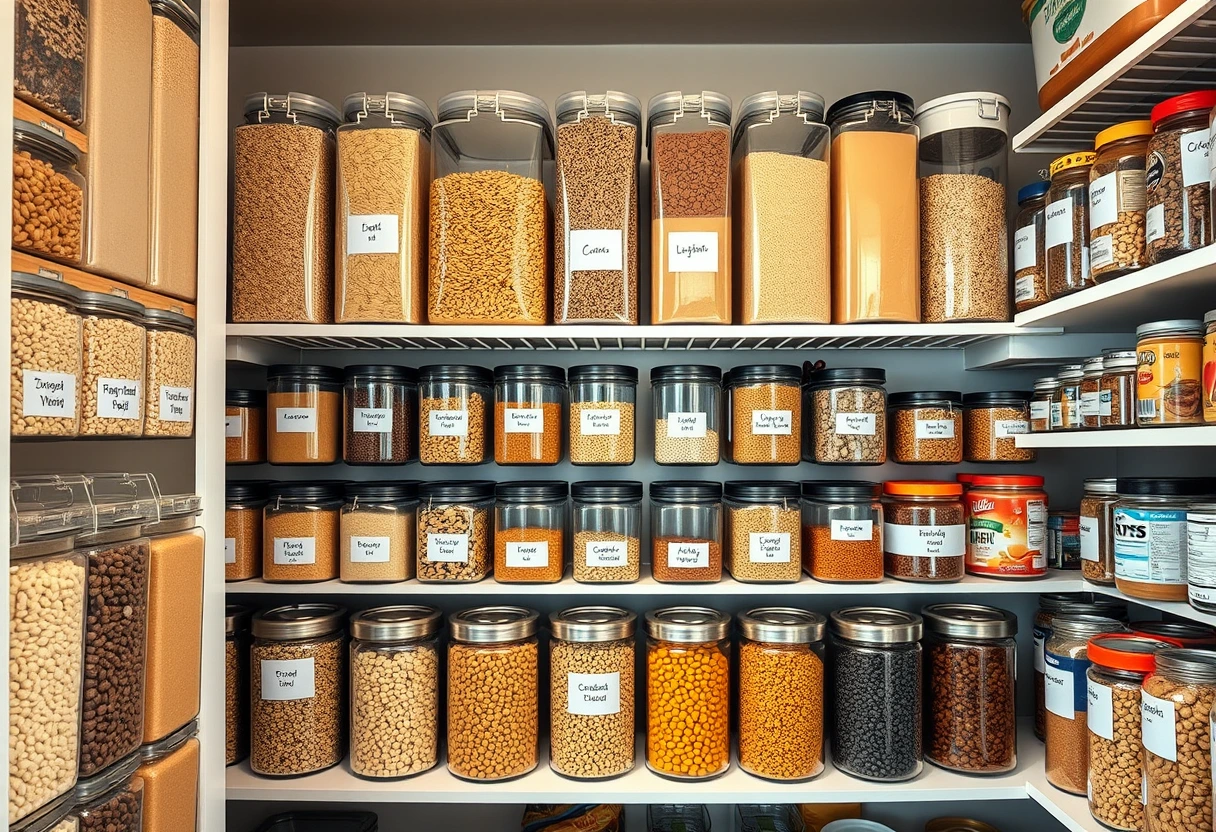 An organized pantry with rows of clearly labeled food containers for grains, beans, and canned goods, illustrating effective budget-friendly dinner solutions and smart grocery shopping habits.