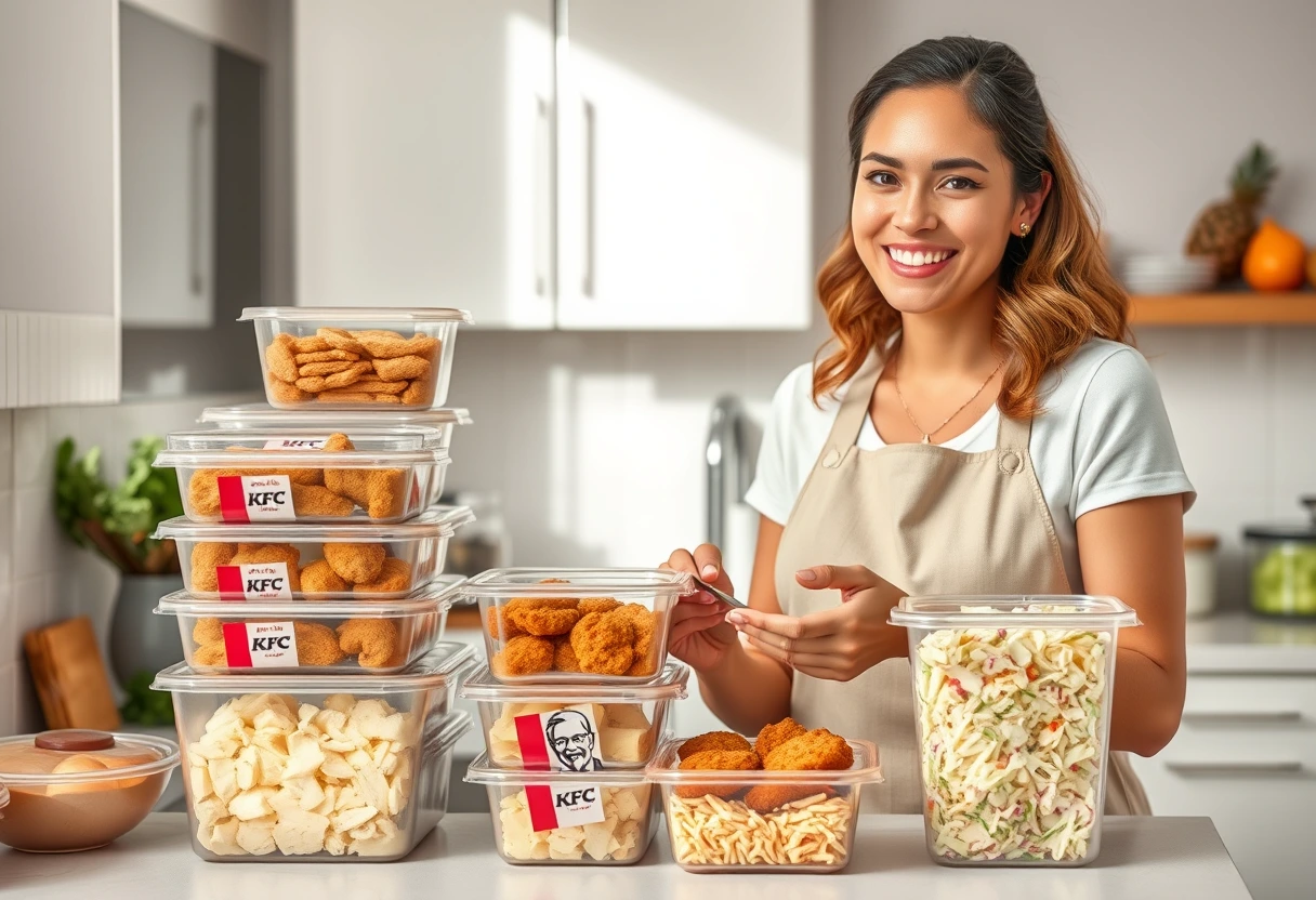 A busy mom efficiently preparing copycat KFC chicken and sides in her kitchen, showcasing organized meal prep for busy moms.
