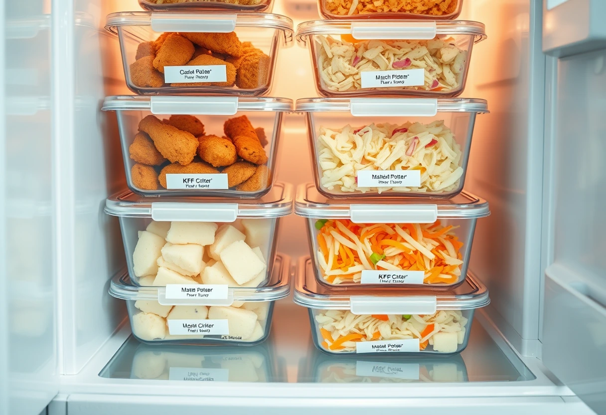 An organized refrigerator filled with clear meal prep containers, showcasing copycat KFC chicken, mashed potatoes, and coleslaw, labeled for a busy mom's convenience.