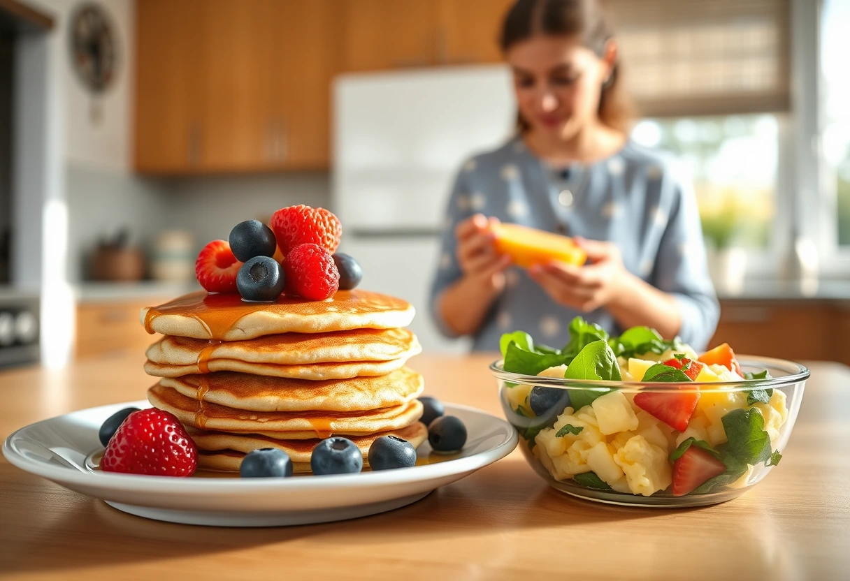 A vibrant breakfast spread with a busy mom serving her smiling child a plate of colorful fruit and whole-grain pancakes, reflecting a busy mom’s easy guide to healthy kid meals.