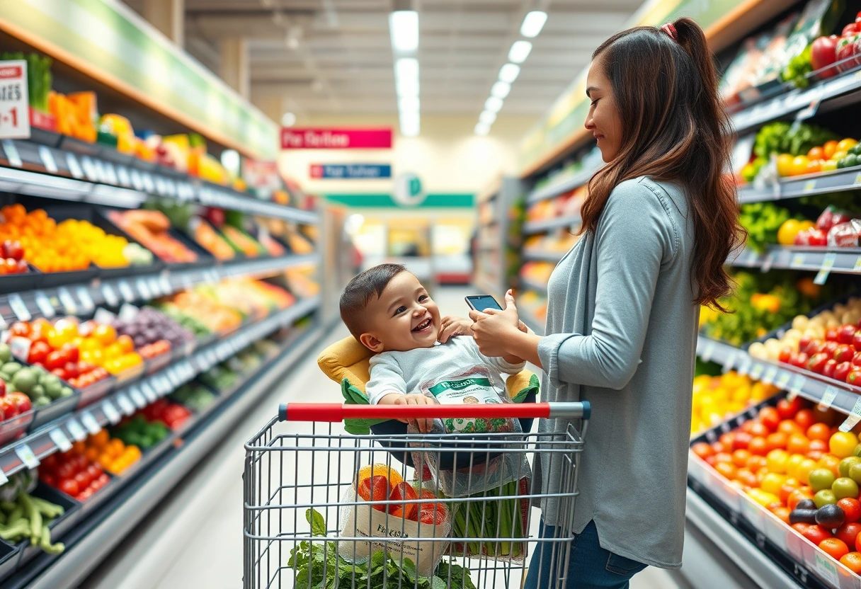 A busy mom pushing a grocery cart filled with fresh produce and meal prep ingredients, reflecting efficient planning for healthy family meals.