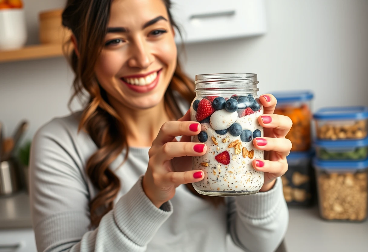 A busy mom smiling while holding a pre-prepped jar of overnight oats, surrounded by fresh berries and nuts, illustrating busy moms' favorite easy breakfast recipes for quick mornings.