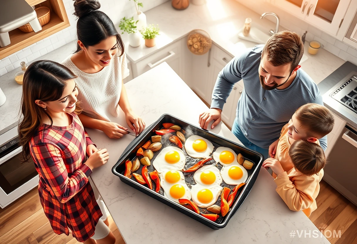 A family enjoying a sheet pan breakfast bake with eggs and colorful vegetables, depicting easy breakfast recipes for busy moms that are simple to clean up.