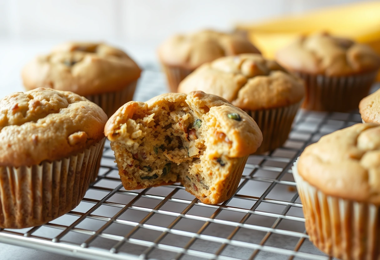 Freshly baked zucchini banana muffins cooling on a rack, representing one of busy moms' favorite easy breakfast recipes for a quick grab-and-go option.