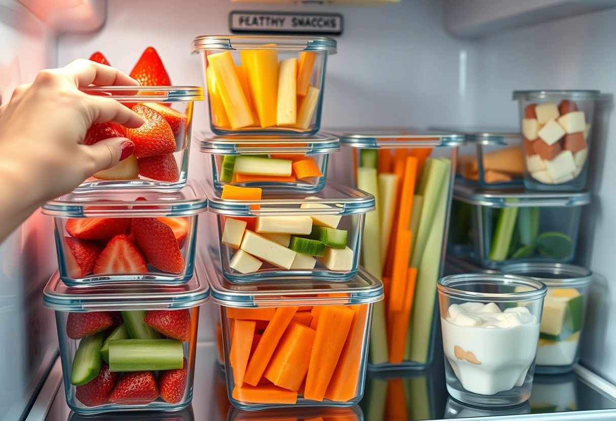 A busy mom quickly assembling a variety of quick and healthy snacks for her kids, featuring fresh fruit, cheese sticks, and whole-grain crackers in a bright kitchen. Busy Mom's Favorite Fast Kid Snacks are her go-to for convenience.
