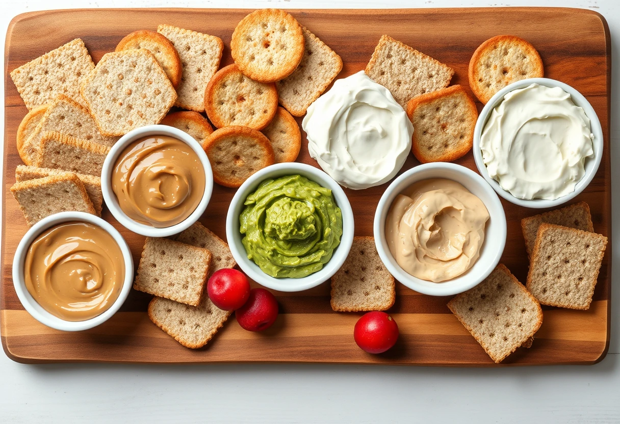 An assortment of pre-cut vegetables like carrot sticks, cucumber slices, and bell pepper strips, neatly arranged with small bowls of healthy dips such as hummus and yogurt-based dip, perfect for a busy mom's snack preparation. These quick snacks for kids are both healthy and convenient.