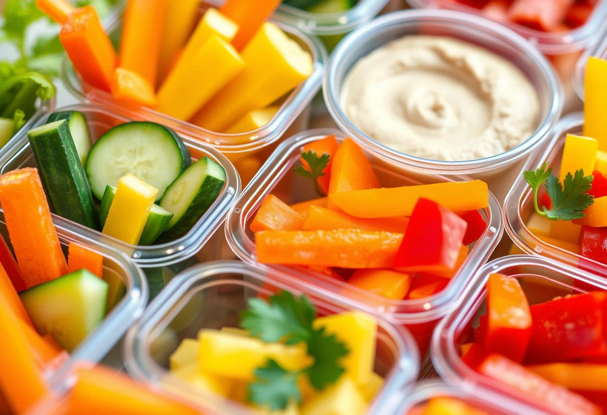 Close-up of a variety of pre-cut vegetables like carrot sticks, cucumber slices, and bell pepper strips, neatly arranged in small containers with a side of hummus, perfect for on-the-go snacks for children.
