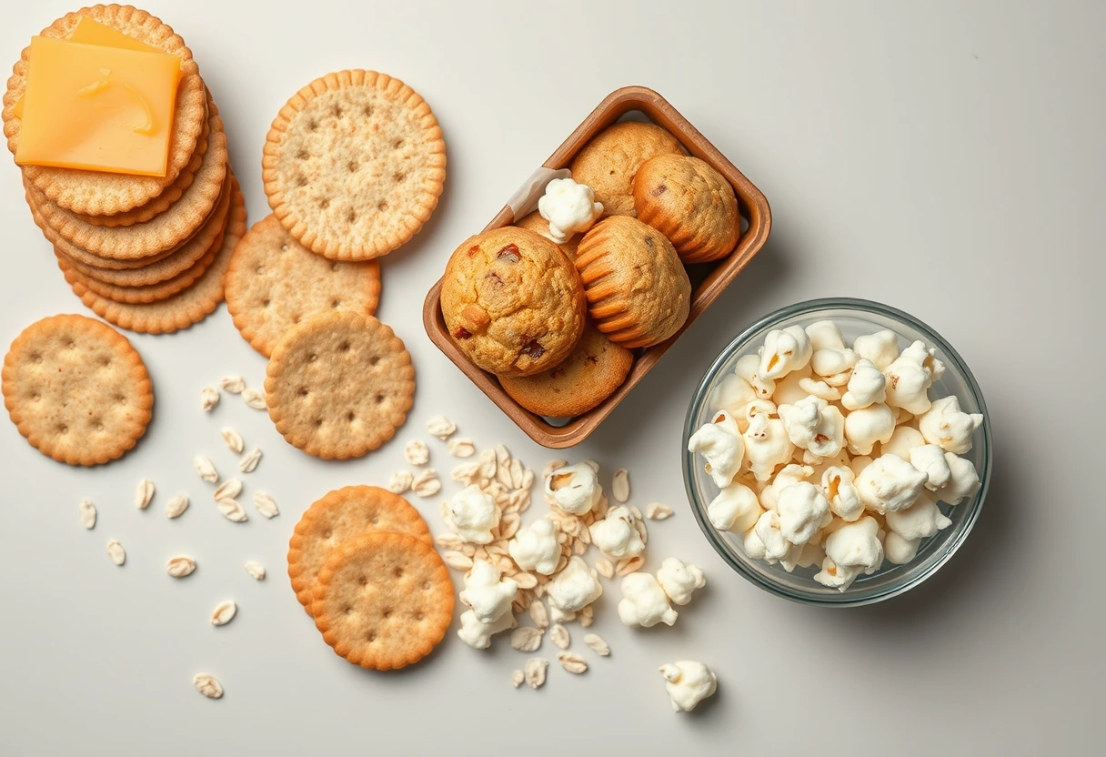 A variety of whole-grain snacks arranged appealingly, including whole-wheat crackers with cheese, mini whole-grain muffins, and small bowls of air-popped popcorn, ideal for busy moms looking for on-the-go snacks.