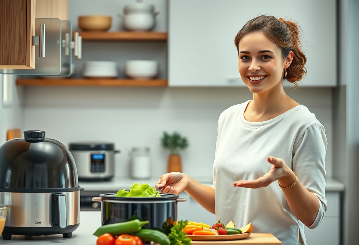 A busy mom smiling while efficiently preparing a healthy dinner, surrounded by organized kitchen tools like a slow cooker and an air fryer. The scene captures the essence of a mom making quick, healthy dinners.