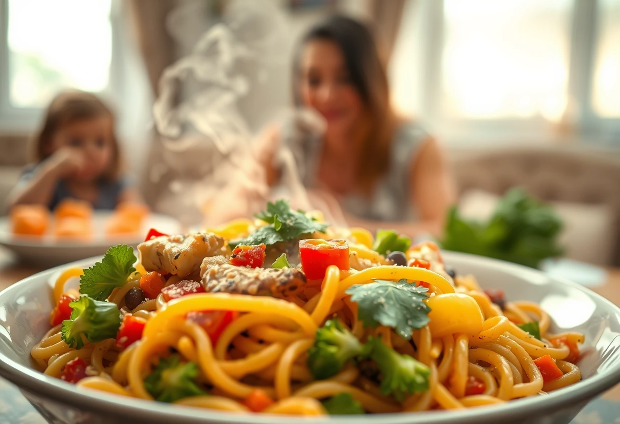 A family enjoying a healthy pasta dinner together, with a focus on a quick and nutritious meal that busy moms love. The table is set with wholesome ingredients.