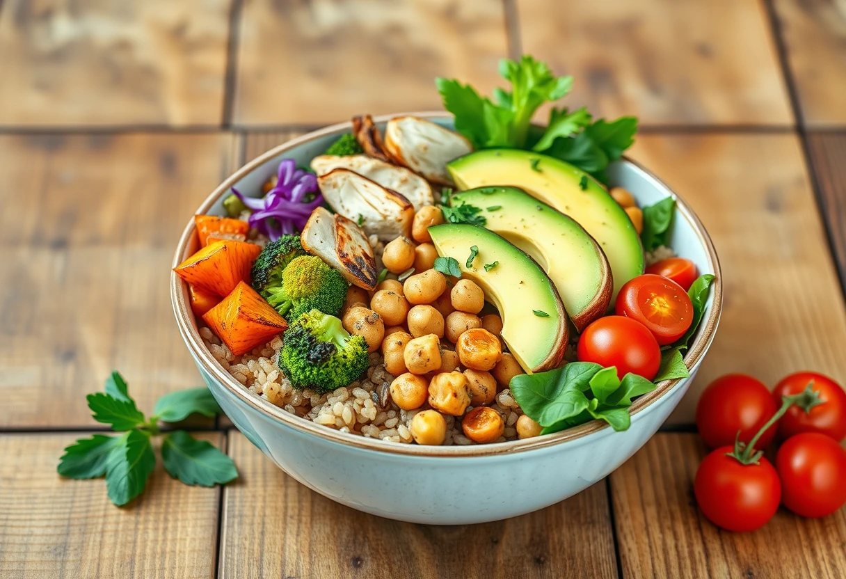 A colorful and nutritious grain bowl, packed with healthy ingredients, representing a busy mom's favorite healthy dinner option that is easy to customize and prepare.