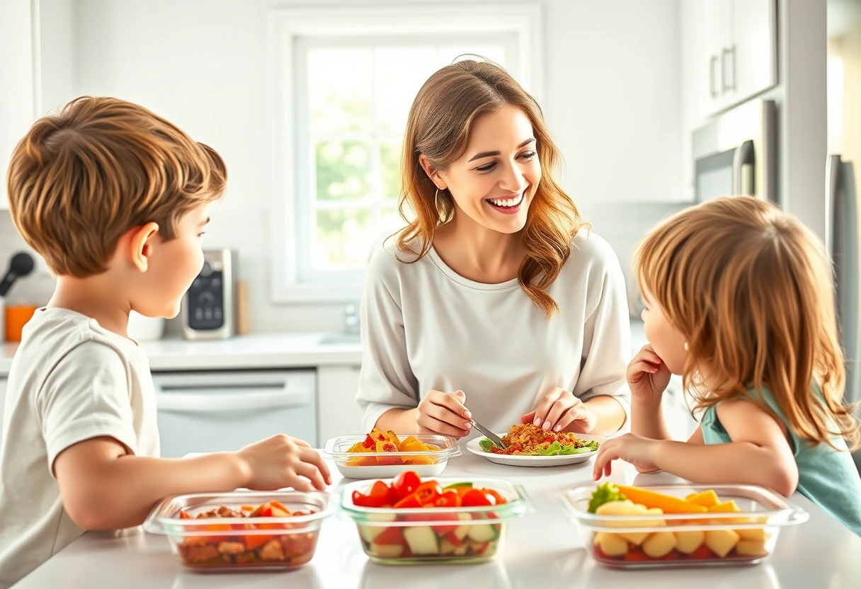 A happy, relaxed busy mom enjoying a stress-free vacation meal with her children in a bright, airy vacation rental kitchen. Food is neatly organized and easily accessible, emphasizing the convenience of pre-prepared meals for stress-free vacations.