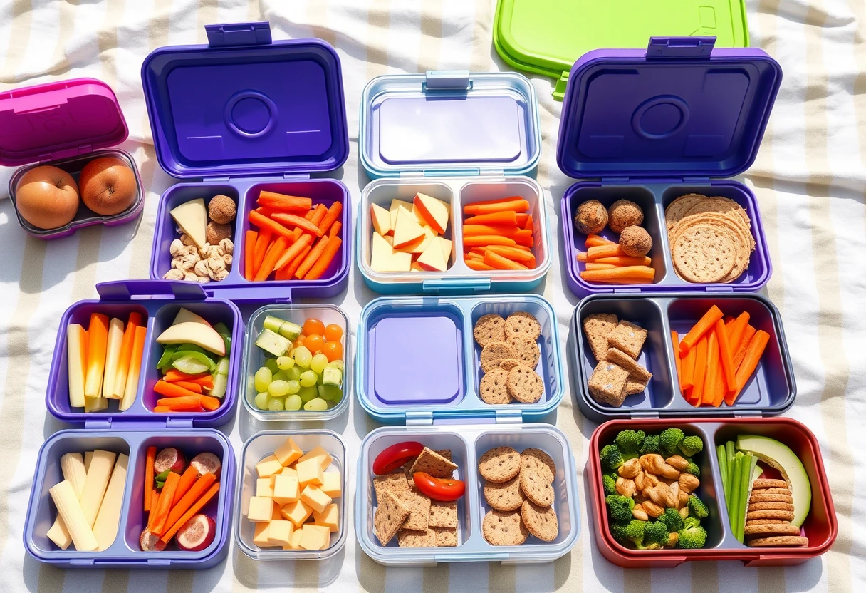 A vibrant collection of pre-packed snack boxes and bento-style meals, showcasing a variety of healthy, kid-friendly options like sliced fruits, vegetables, cheese, and crackers, perfect for busy moms seeking stress-free vacation meals.