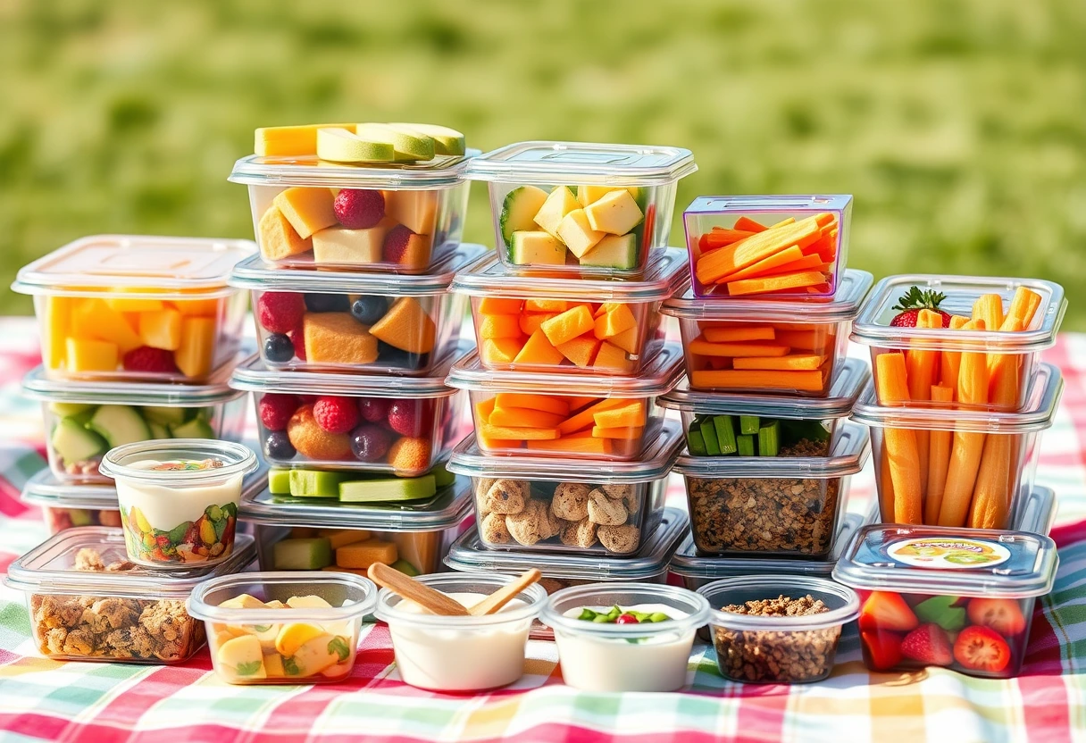 An assortment of vibrant, healthy snacks and sides, including pre-cut fruit, vegetable sticks, homemade energy bites, and small containers of dips, all perfectly packed for a busy mom's stress-free vacation.