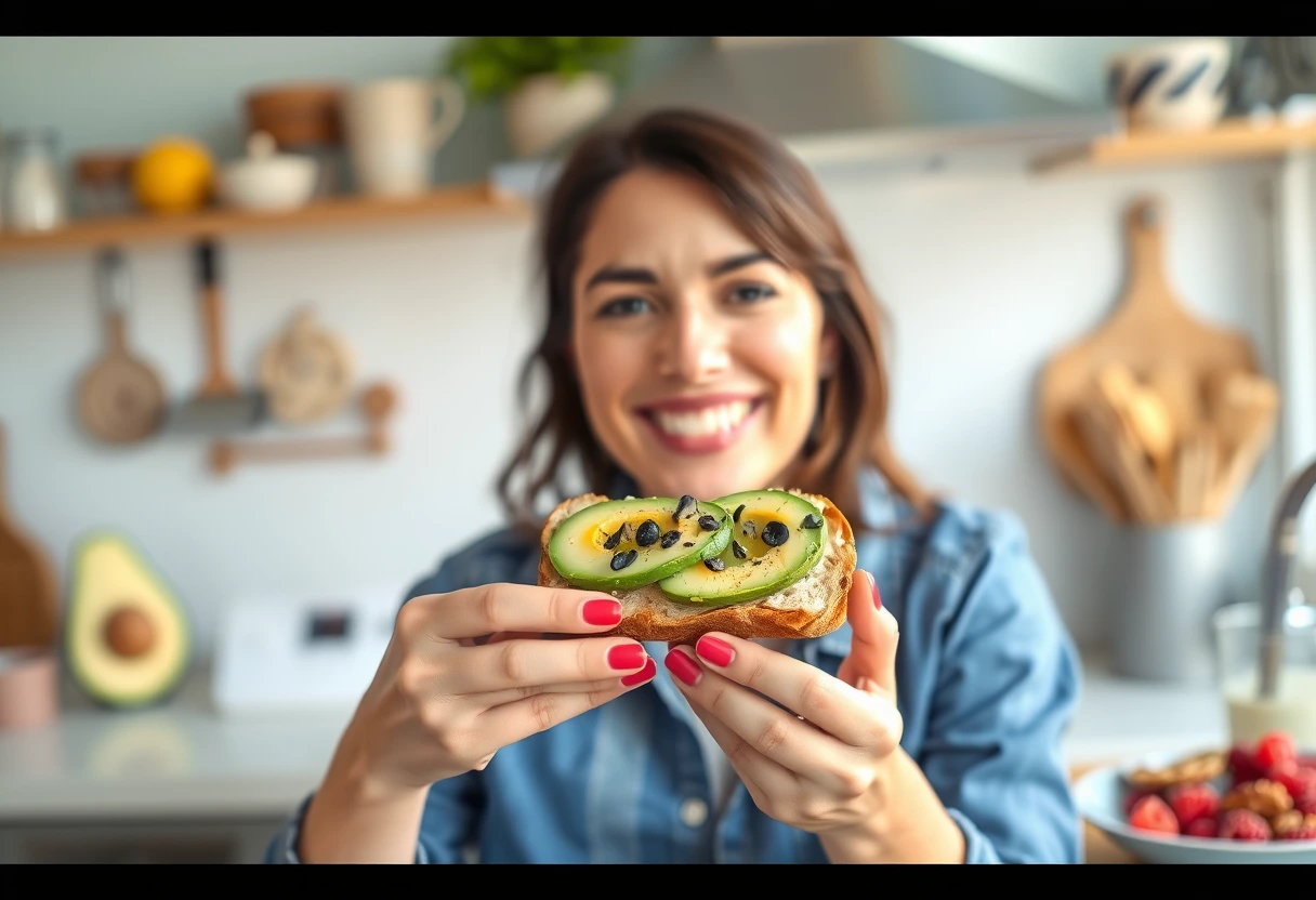 A busy mom smiling while holding a slice of avocado toast, with other healthy breakfast toast toppings like berries and nuts in the background. The scene is bright and cheerful.